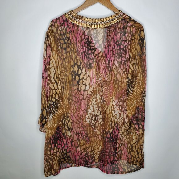 Chicos Womens Beaded Animal Print Tunic Top Size 16 Embellished Neckline Sheer - Picture 5 of 10